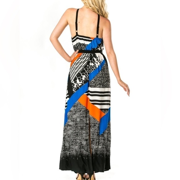 Twelfth St. by Cynthia Vincent Blue Black Orange Abstract Front Cross Maxi Dress - Picture 2 of 10